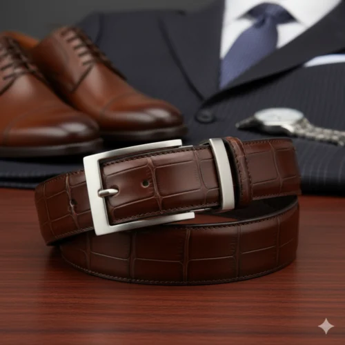 Cinturón piel, color chocolate con hebilla plateada.