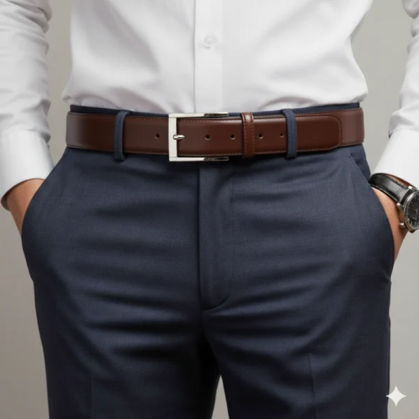 Generated Image September 30, 2025 - 11_51AM (1) Cinturón de piel marrón liso, con hebilla plateada